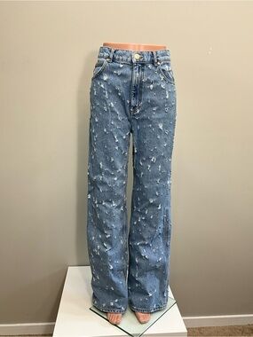 SANDRO Ruthy Distressed High Rise Wide Leg Jeans Light Wash Size 40